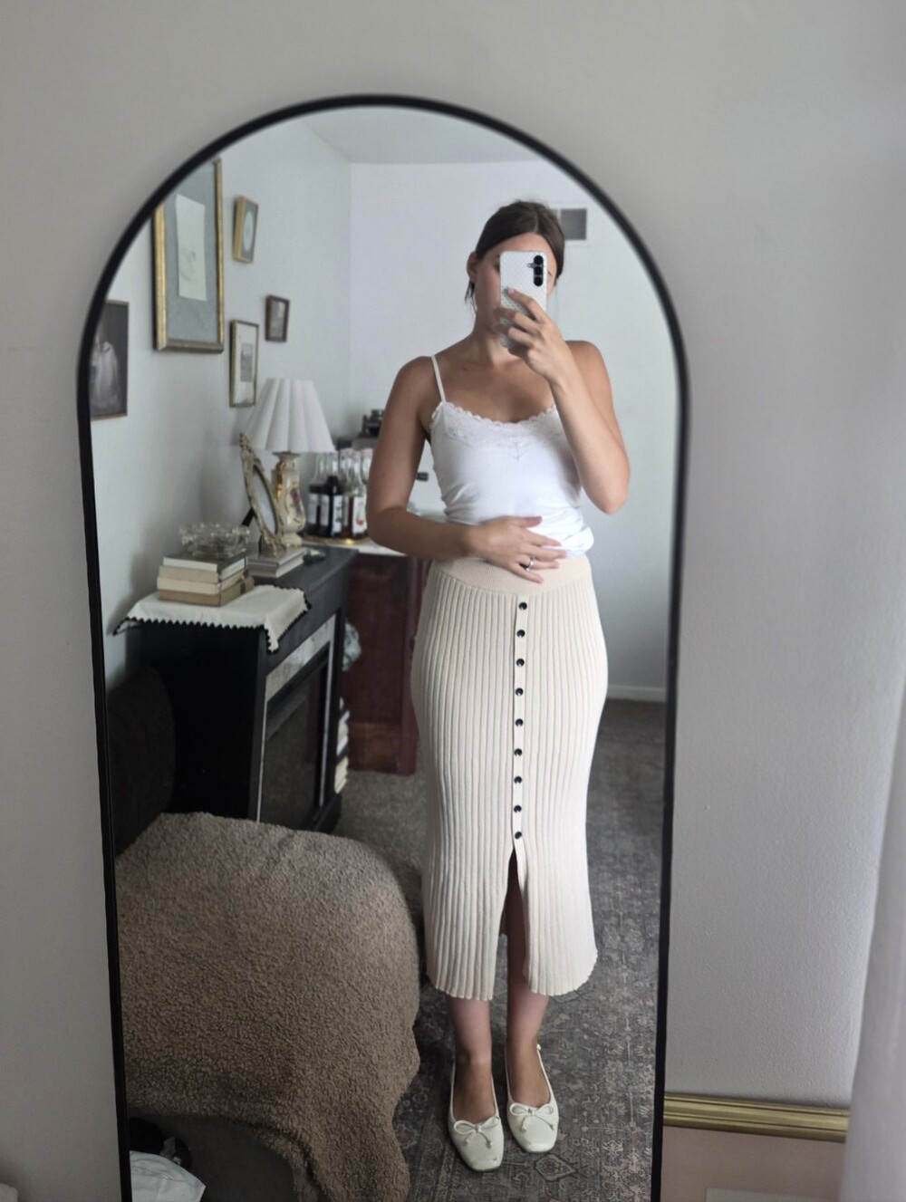 Ribbed Knit Button-Front Cream Midi Skirt